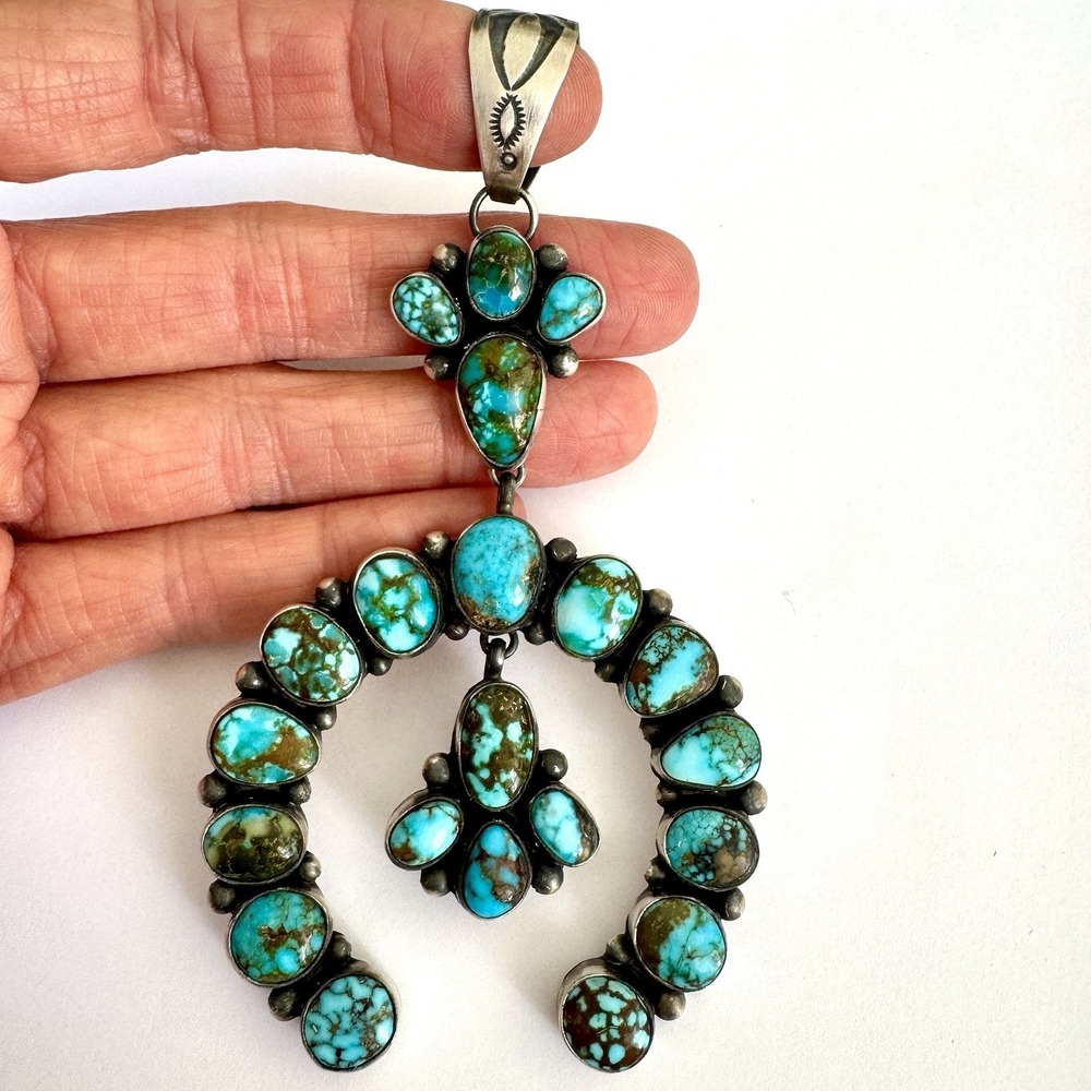 Navajo Naja Pendant Turquoise 4.5in‎ BIG Squash Blossom Signed Smith Native Amer - Picture 2 of 11